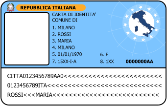 REPUBBLICA ITALIANA CARTA DI IDENTITA' COMUNE DI 1. MILANO 2. ROSSI  3. MARIA  4. MILANO  5. 01/01/1970  6. F  CITTA0123456789AA0<<<<<<<<<<<<<<<<<<<<<<<< 0123456789ITA<<<<<<<<<<<<<<<<<<<<<<<<<<<< ROSSI<<<MARIA<<<<<<<<<<<<<<<<<<<<<<<<<< 7. 15XX-I-A  8. 1XX  0000000AA